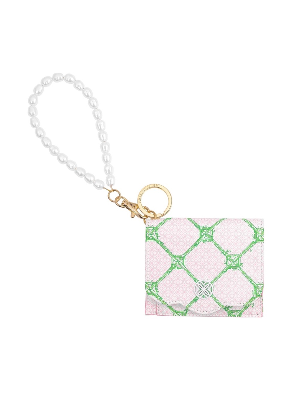 Lilly Pulitzer Pink Card Holder Keychain, Wallet Green and Pearl Strap - New